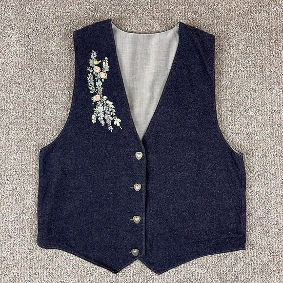 Handmade Vest Womens Medium Chambray Ribbon Embroidered Floral Cottage Retro 90s - Picture 8 of 9